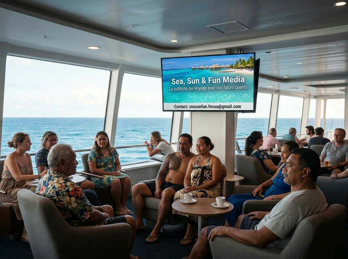 Écrans publicitaires à bord d'un ferry inter-îles en Polynésie